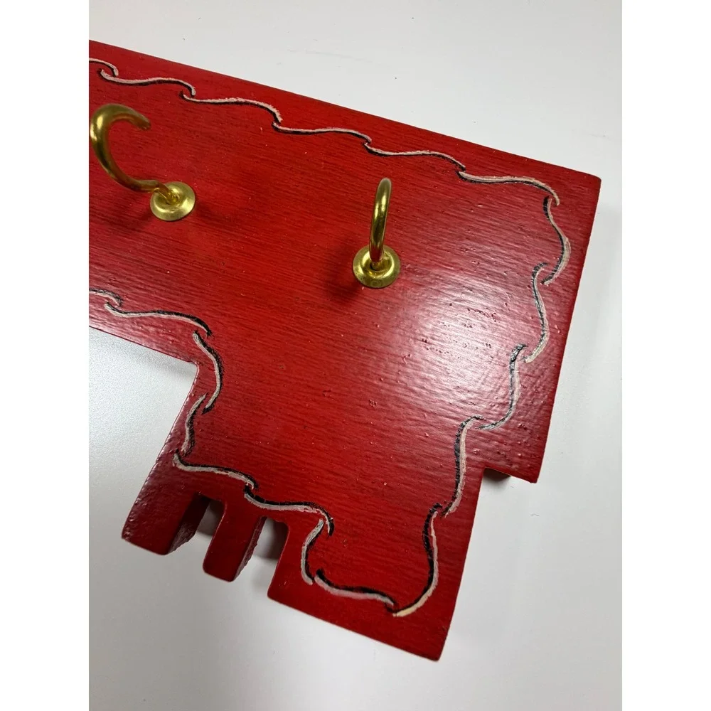 Scandinavian Wooden Key Holder Rosemaling Red Folk Art Hand Painted Wall Decor